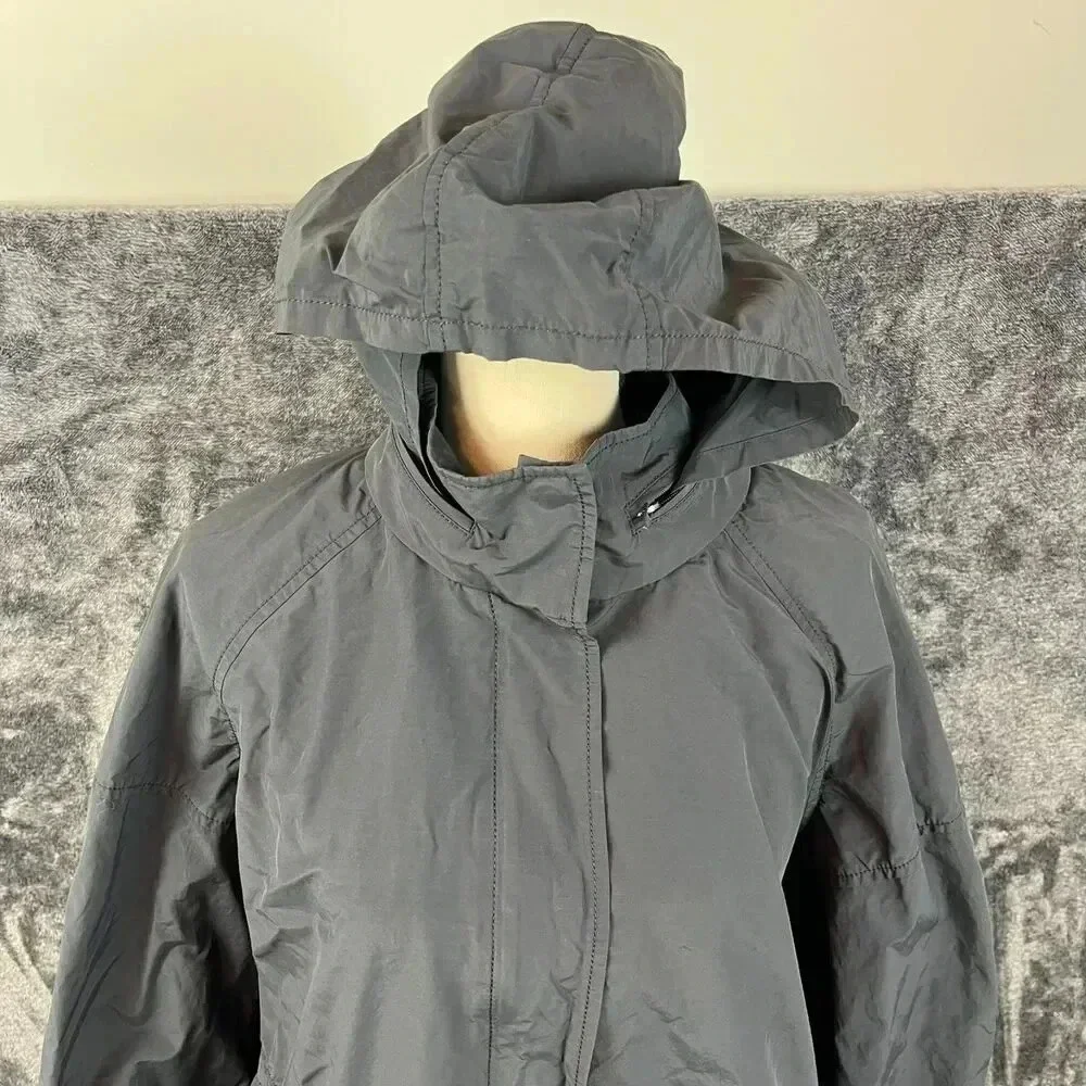 Eileen Fisher Hooded Rain Jacket Black Women's L Nylon Cotton Cinched Coat - Picture 2 of 15